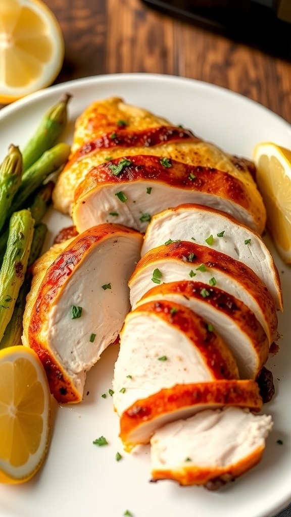 Air Fryer Chicken Breast Recipe Sliced air fryer chicken breast garnished with herbs on a plate with vegetables and lemon.